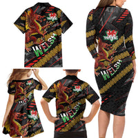 Welsh Celtic Family Matching Long Sleeve Bodycon Dress and Hawaiian Shirt Wales Y Ddraig Goch with Celtic Knot Sporty - Wonder Print Shop