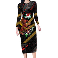 Welsh Celtic Long Sleeve Bodycon Dress Wales Y Ddraig Goch with Celtic Knot Sporty - Wonder Print Shop