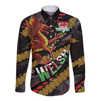 Welsh Celtic Long Sleeve Button Shirt Wales Y Ddraig Goch with Celtic Knot Sporty - Wonder Print Shop
