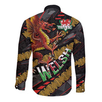 Welsh Celtic Long Sleeve Button Shirt Wales Y Ddraig Goch with Celtic Knot Sporty - Wonder Print Shop