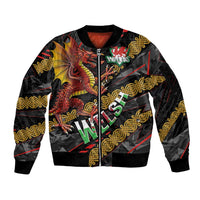Welsh Celtic Sleeve Zip Bomber Jacket Wales Y Ddraig Goch with Celtic Knot Sporty - Wonder Print Shop