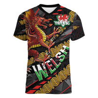 Welsh Celtic Women V-Neck T-Shirt Wales Y Ddraig Goch with Celtic Knot Sporty - Wonder Print Shop