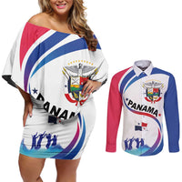 Panama Independence Day Couples Matching Off Shoulder Short Dress and Long Sleeve Button Shirt Coat of Arms and Freedom - Wonder Print Shop