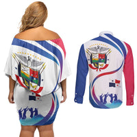 Panama Independence Day Couples Matching Off Shoulder Short Dress and Long Sleeve Button Shirt Coat of Arms and Freedom - Wonder Print Shop