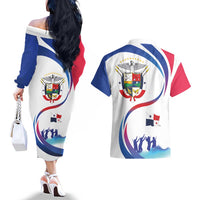 Panama Independence Day Couples Matching Off The Shoulder Long Sleeve Dress and Hawaiian Shirt Coat of Arms and Freedom - Wonder Print Shop
