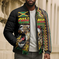 Personalized Jamaican Reggae-One Love Bomber Puffer Jacket Tribal African Pattern and Roaring Lion - Wonder Print Shop