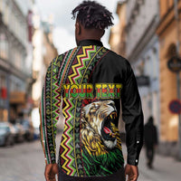 Personalized Jamaican Reggae-One Love Long Sleeve Button Shirt Tribal African Pattern and Roaring Lion - Wonder Print Shop