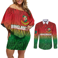 Custom Bangladesh Cricket-The Tigers Couples Matching Off Shoulder Short Dress and Long Sleeve Button Shirt