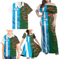Custom Bangladesh and Argentina Football Half Style Family Matching Off Shoulder Maxi Dress and Hawaiian Shirt
