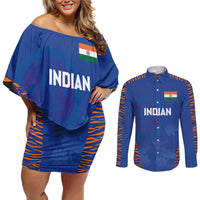 Custom Indian Bengal Tiger Cricket Couples Matching Off Shoulder Short Dress and Long Sleeve Button Shirt