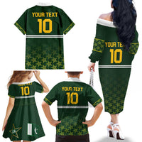 Custom Pakistan Men in Green Cricket-The Super Stars Family Matching Off The Shoulder Long Sleeve Dress and Hawaiian Shirt