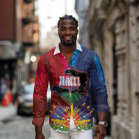 Haiti Coat Of Arms Map Dashiki Long Sleeve Button Shirt Vibrant Caribbean Heritage