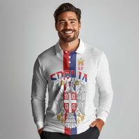 Serbia Coat Of Arms Srbija Eagle Long Sleeve Polo Shirt Traditional Serbian Heraldic Crest White Double Headed Eagle