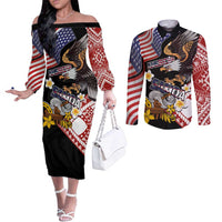 United States and American Samoa Together Couples Matching Off The Shoulder Long Sleeve Dress and Long Sleeve Button Shirt Bald Eagle and Polynesian Traditional Culture with Plumeria