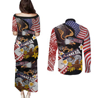 United States and American Samoa Together Couples Matching Puletasi and Long Sleeve Button Shirt Bald Eagle and Polynesian Traditional Culture with Plumeria