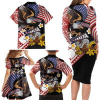 United States and American Samoa Together Family Matching Long Sleeve Bodycon Dress and Hawaiian Shirt Bald Eagle and Polynesian Traditional Culture with Plumeria