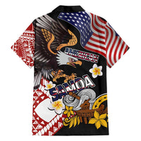 United States and American Samoa Together Family Matching Long Sleeve Bodycon Dress and Hawaiian Shirt Bald Eagle and Polynesian Traditional Culture with Plumeria