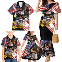 United States and American Samoa Together Family Matching Mermaid Dress and Hawaiian Shirt Bald Eagle and Polynesian Traditional Culture with Plumeria
