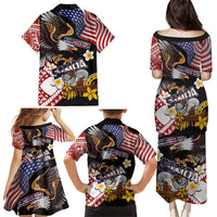 United States and American Samoa Together Family Matching Puletasi and Hawaiian Shirt Bald Eagle and Polynesian Traditional Culture with Plumeria