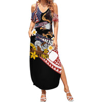United States and American Samoa Together Family Matching Summer Maxi Dress and Hawaiian Shirt Bald Eagle and Polynesian Traditional Culture with Plumeria
