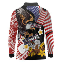 United States and American Samoa Together Long Sleeve Polo Shirt Bald Eagle and Polynesian Traditional Culture with Plumeria
