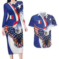 French American Heritage Month Couples Matching Long Sleeve Bodycon Dress and Hawaiian Shirt USA Eagle and France Urban Paris National Flag Style