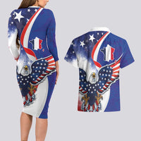 French American Heritage Month Couples Matching Long Sleeve Bodycon Dress and Hawaiian Shirt USA Eagle and France Urban Paris National Flag Style