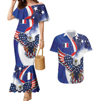 French American Heritage Month Couples Matching Mermaid Dress and Hawaiian Shirt USA Eagle and France Urban Paris National Flag Style