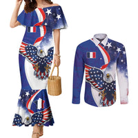French American Heritage Month Couples Matching Mermaid Dress and Long Sleeve Button Shirt USA Eagle and France Urban Paris National Flag Style