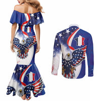 French American Heritage Month Couples Matching Mermaid Dress and Long Sleeve Button Shirt USA Eagle and France Urban Paris National Flag Style