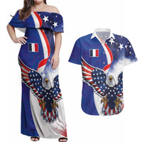 French American Heritage Month Couples Matching Off Shoulder Maxi Dress and Hawaiian Shirt USA Eagle and France Urban Paris National Flag Style