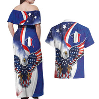 French American Heritage Month Couples Matching Off Shoulder Maxi Dress and Hawaiian Shirt USA Eagle and France Urban Paris National Flag Style
