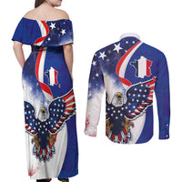 French American Heritage Month Couples Matching Off Shoulder Maxi Dress and Long Sleeve Button Shirt USA Eagle and France Urban Paris National Flag Style