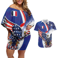 French American Heritage Month Couples Matching Off Shoulder Short Dress and Hawaiian Shirt USA Eagle and France Urban Paris National Flag Style
