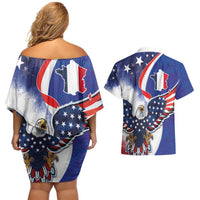 French American Heritage Month Couples Matching Off Shoulder Short Dress and Hawaiian Shirt USA Eagle and France Urban Paris National Flag Style