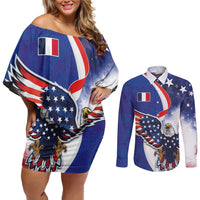 French American Heritage Month Couples Matching Off Shoulder Short Dress and Long Sleeve Button Shirt USA Eagle and France Urban Paris National Flag Style