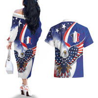 French American Heritage Month Couples Matching Off The Shoulder Long Sleeve Dress and Hawaiian Shirt USA Eagle and France Urban Paris National Flag Style