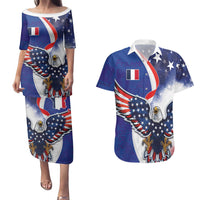 French American Heritage Month Couples Matching Puletasi and Hawaiian Shirt USA Eagle and France Urban Paris National Flag Style