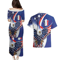 French American Heritage Month Couples Matching Puletasi and Hawaiian Shirt USA Eagle and France Urban Paris National Flag Style