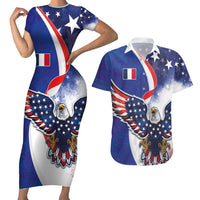 French American Heritage Month Couples Matching Short Sleeve Bodycon Dress and Hawaiian Shirt USA Eagle and France Urban Paris National Flag Style