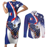 French American Heritage Month Couples Matching Short Sleeve Bodycon Dress and Long Sleeve Button Shirt USA Eagle and France Urban Paris National Flag Style