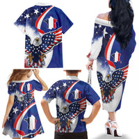 French American Heritage Month Family Matching Off The Shoulder Long Sleeve Dress and Hawaiian Shirt USA Eagle and France Urban Paris National Flag Style
