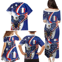 French American Heritage Month Family Matching Puletasi and Hawaiian Shirt USA Eagle and France Urban Paris National Flag Style