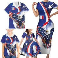 French American Heritage Month Family Matching Short Sleeve Bodycon Dress and Hawaiian Shirt USA Eagle and France Urban Paris National Flag Style