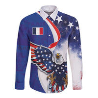 French American Heritage Month Long Sleeve Button Shirt USA Eagle and France Urban Paris National Flag Style
