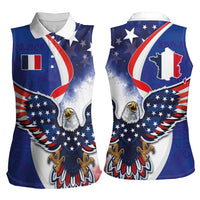 French American Heritage Month Women Sleeveless Polo Shirt USA Eagle and France Urban Paris National Flag Style