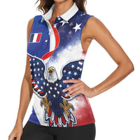 French American Heritage Month Women Sleeveless Polo Shirt USA Eagle and France Urban Paris National Flag Style