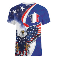 French American Heritage Month Women V-Neck T-Shirt USA Eagle and France Urban Paris National Flag Style