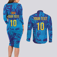 Custom Sri Lanka Cricket Royal Blue Warrior Couples Matching Long Sleeve Bodycon Dress and Long Sleeve Button Shirt