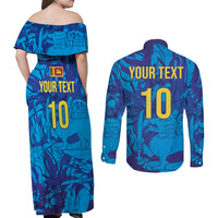 Custom Sri Lanka Cricket Royal Blue Warrior Couples Matching Off Shoulder Maxi Dress and Long Sleeve Button Shirt